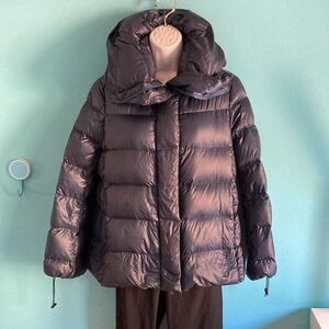 Add Italy Down Jacket Womens Size M Navy Blue Zip & Snap Lightweight Cocoon $840